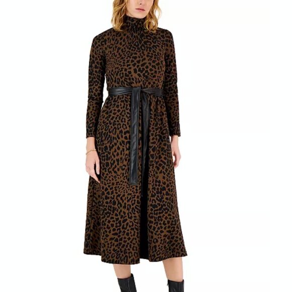 Anne Klein Leopard Print Long Sleeve Mock Neck Midi Dress in Women's 12 - Picture 1 of 16